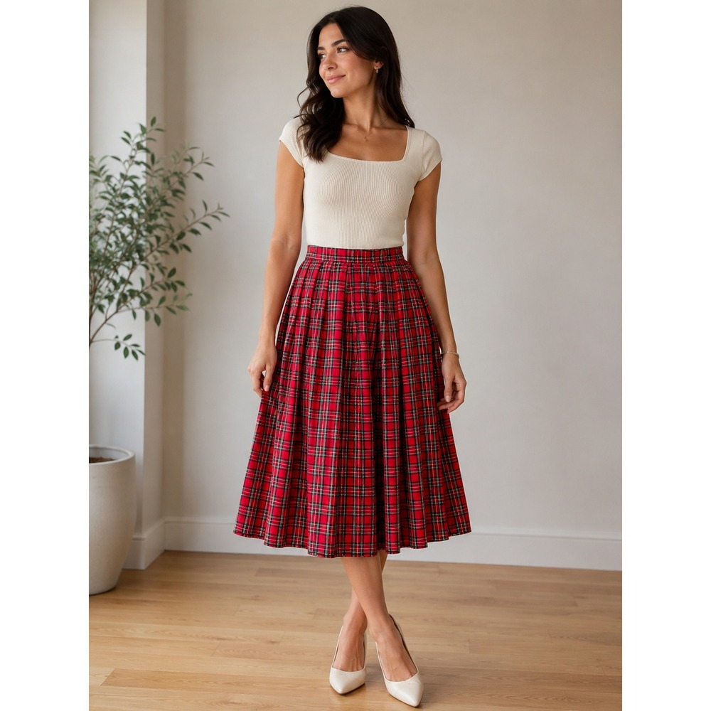 Vintage Bechamel Plaid Pleated Skirt Women 6 Red Tartan Midi 80s 90s Preppy